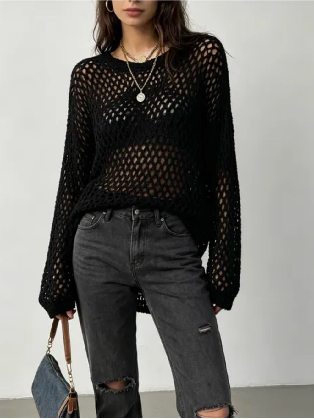 Women's Black Open-Weave Crewneck Sweater